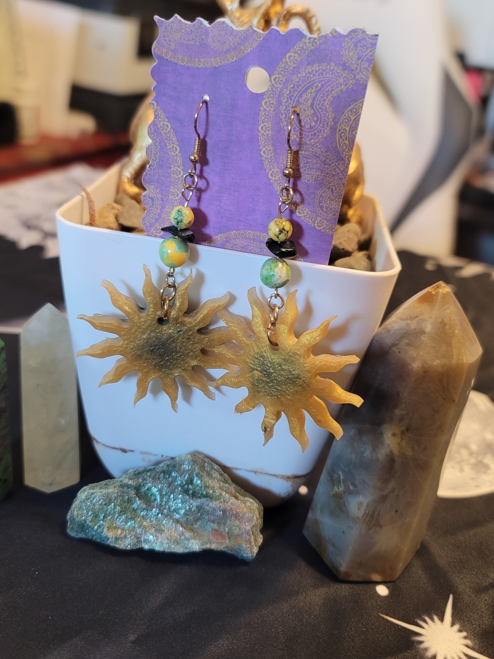 🔥3 For $20 Handcrafted Gold Sun Drop Earrings with Green And Black Stone Beads